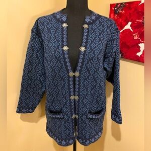 Nordstrickk Virgin Wool Blue Pattern Cardigan w/ metal closures (Norway), Small